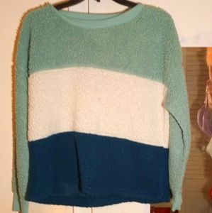 A large wallflower green,white,and blue sweater